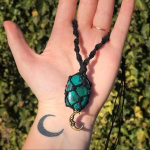 Chrysocolla Macrame Necklace Moon Charm